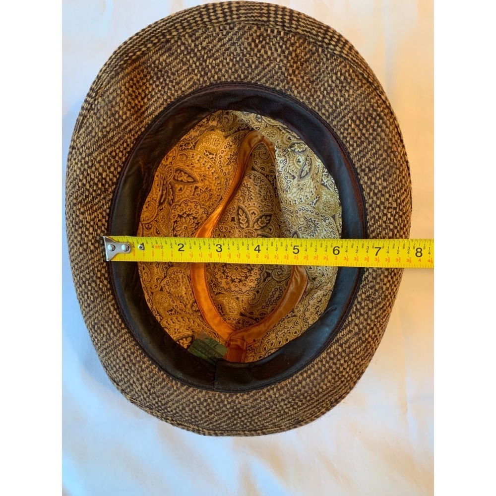 Vintage Brown Houndstooth Fedora Hat with Feather Size 7 3/8 (see measurements) - Picture 12 of 13